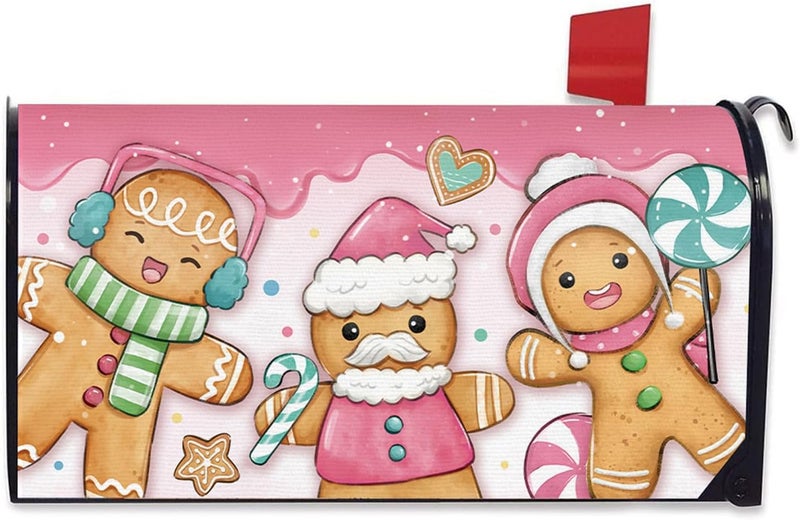 FBCOO Pink Christmas Mailbox Cover Magnetic Standard Size 20.5" x 18", Xmas Gingerbread Man Peppermint Candy Decorative Post Letter Box Wrap Decor, Winter Holiday Garden Yard Outdoor Decoration - Image 1